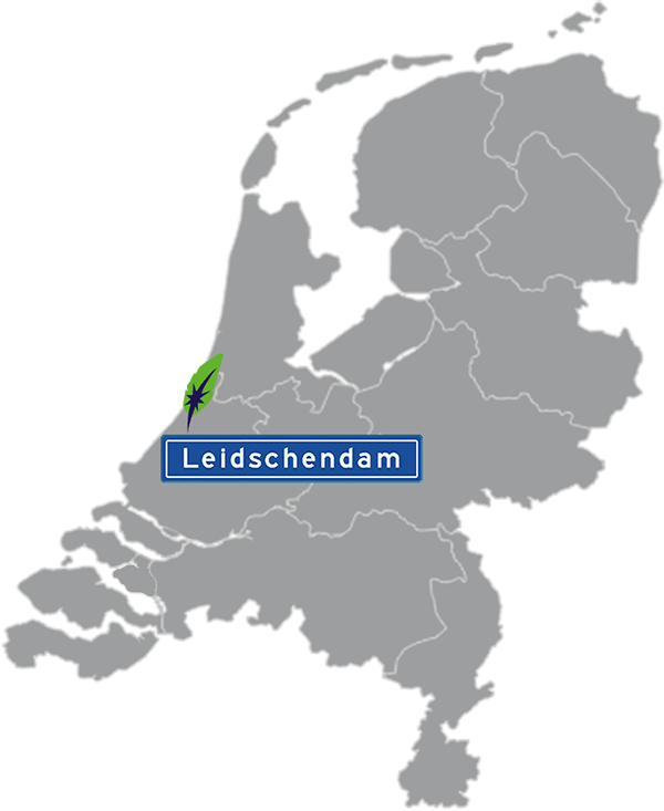 Grijze kaart van Nederland met Leidschendam aangegeven met blauw plaatsnaambord met witte letters en Dagnall veer voor cursus Nederlands - blauw plaatsnaambord met witte letters en Dagnall veer - transparante achtergrond - 600 * 733 pixels